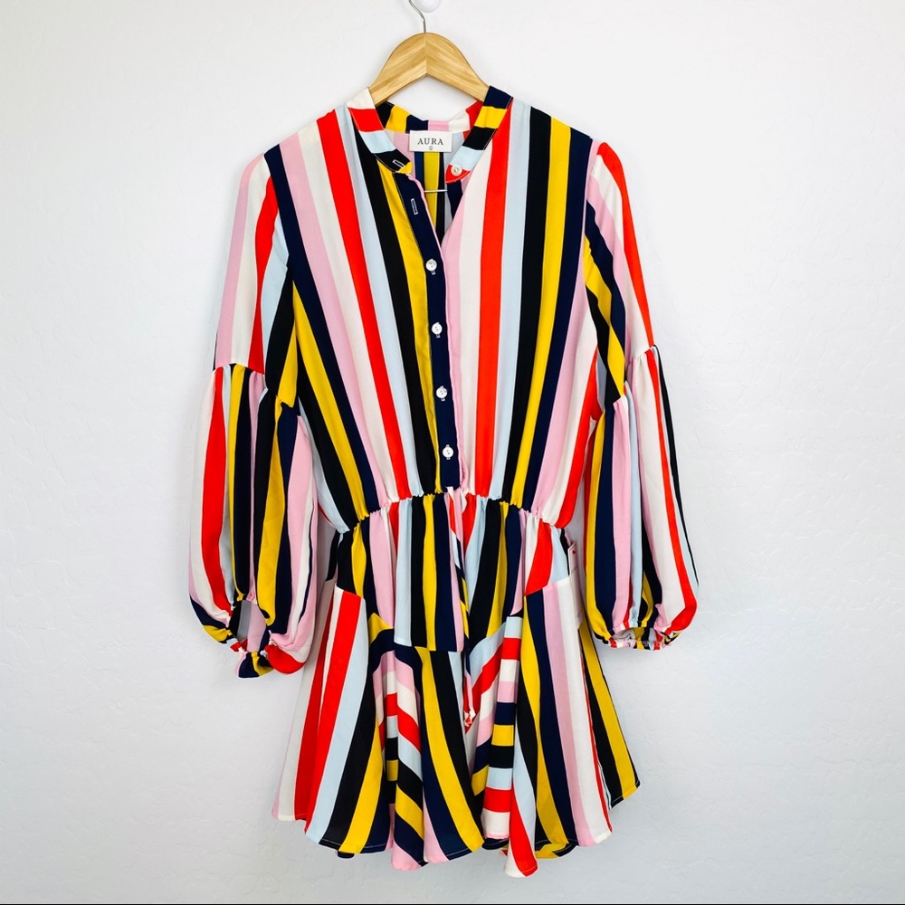 NWT Aura red striped balloon sleeve dress large
